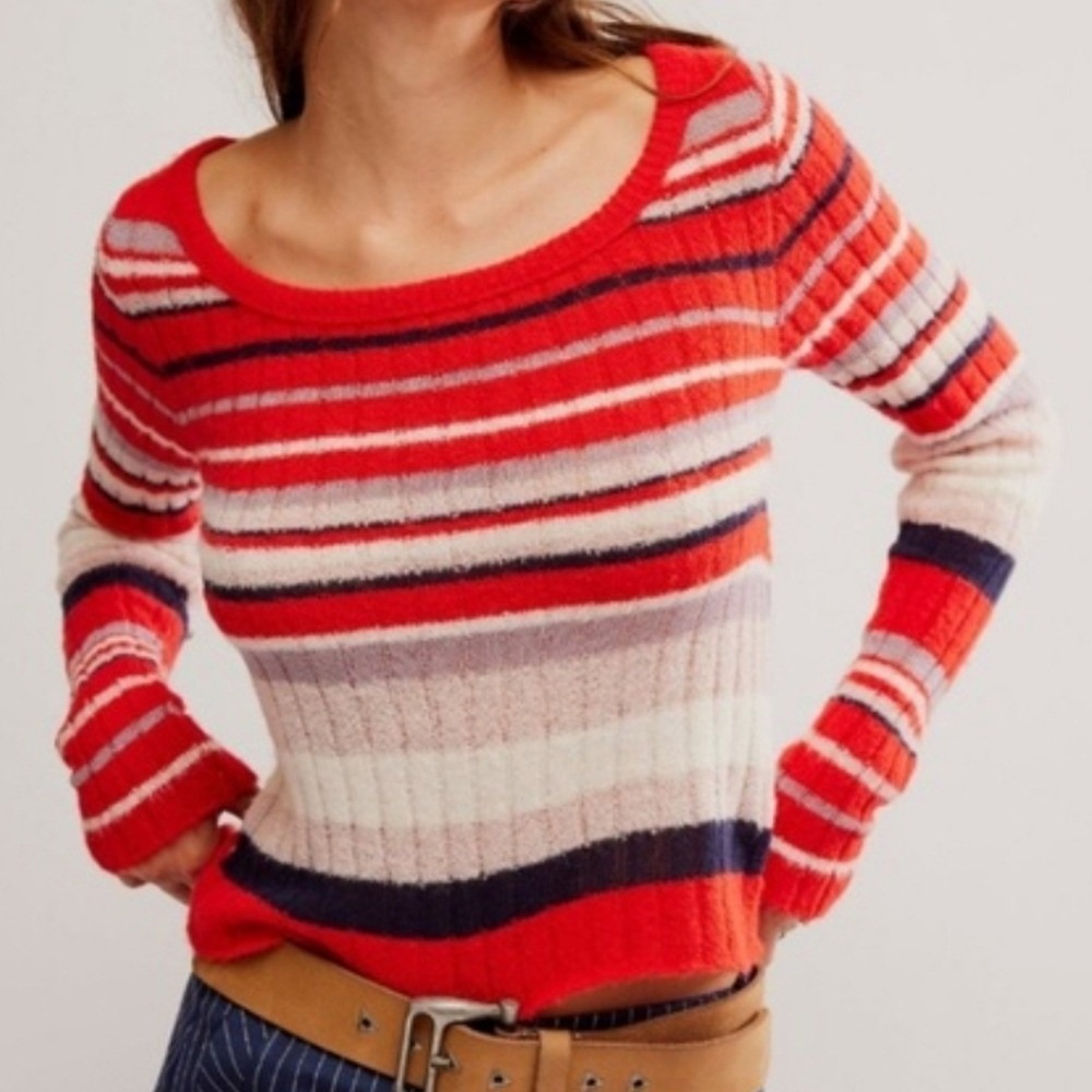 Free People Lumen Stripe Pullover Red White Ribbed Scoop Neck‎ Knit Lg